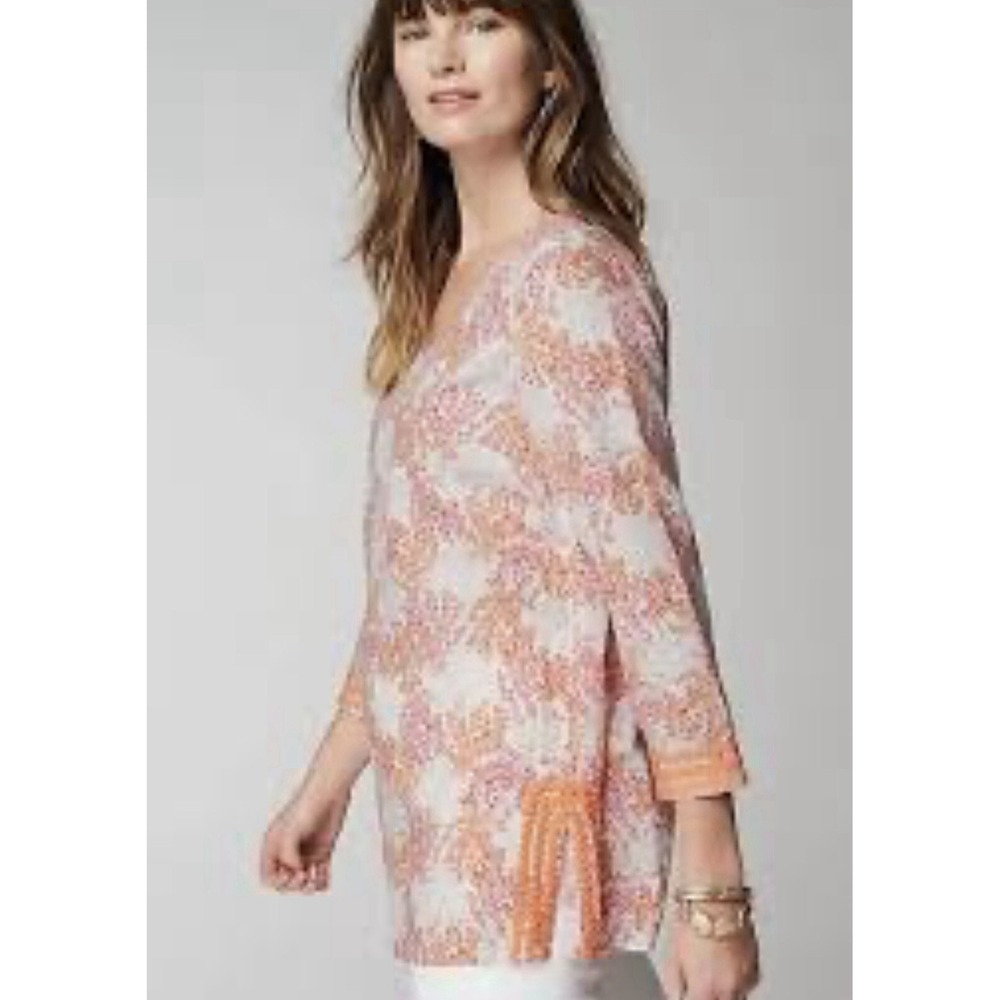 J.Jill Women's Linen Coral Reef Tunic Oatmeal Charming Coral Medium Rick Rack